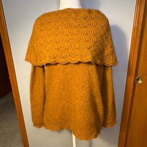 Zinity boho chic Luxury Possum Merino Wool crochet Sweater Mustard Yellow Size L